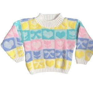 Vintage‎ Go Nitty Long Sleeve Sweater Girls S White Multi Hearts Bows Flower